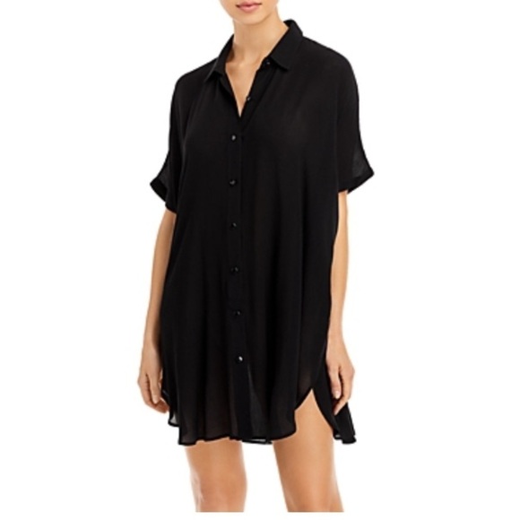 Aqua SWIM BUTTON-DOWN SWIM COVER UP TUNIC - 100% EXCLUSIVE IN BLACK L crinkled - Picture 1 of 6